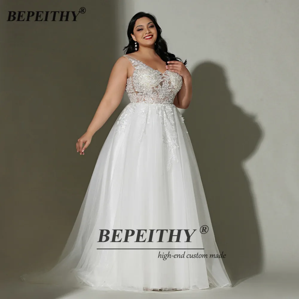 BEPEITHY ใหม่พลัสขนาด V คองาช้างชุดแต่งงานชุดสำหรับ Curve ผู้หญิงสาย Sheer ชุดเจ้าสาว Vestidos de Festia