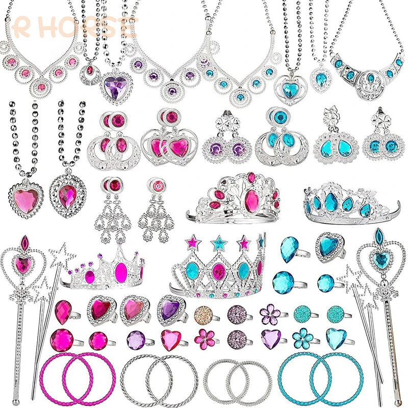 Girls Princess Jewelry Pretend Play House Toys Dress Up 66Pcs/Sets Necklace Earrings Rings Wand For Birthday Party Toy Gift