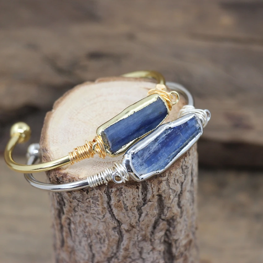 

Brass Wire Wrap Natural Blue Kyanite Open Cuff Bangles Rectangle Slice Fashion Women Bracelets Jewelry QC2026