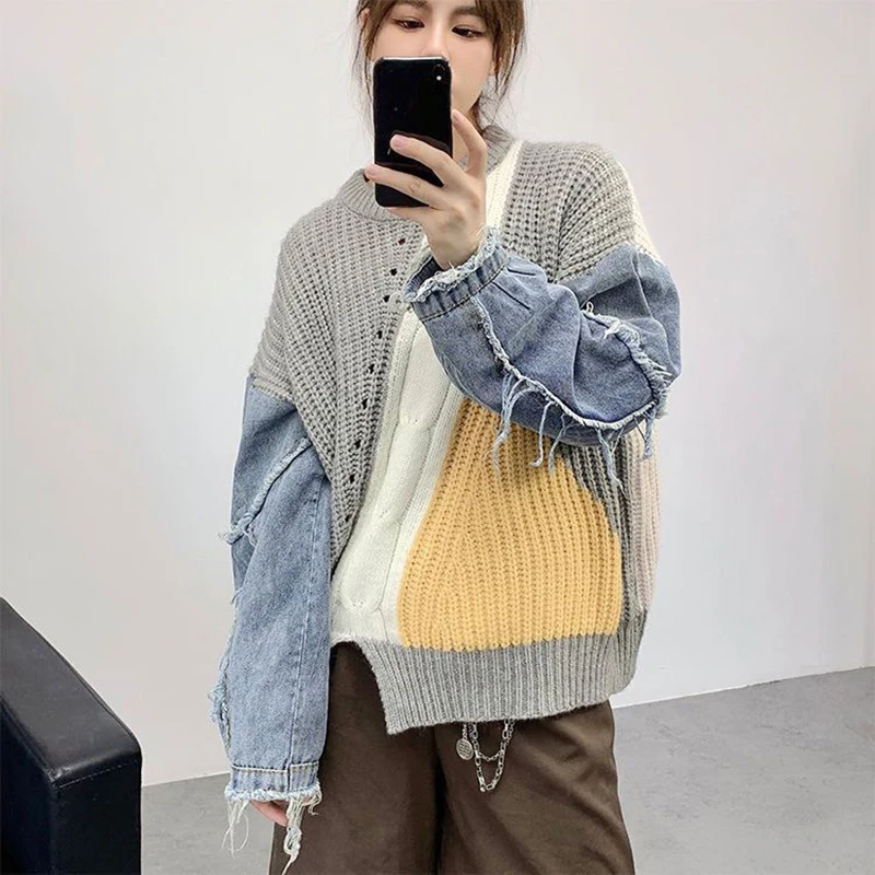 2023 Autumn Winter Sweater Women Casual Twist Woman Sweater Pullovers Denim Patchwork Jumper Warm Teen Oversized Streetwear