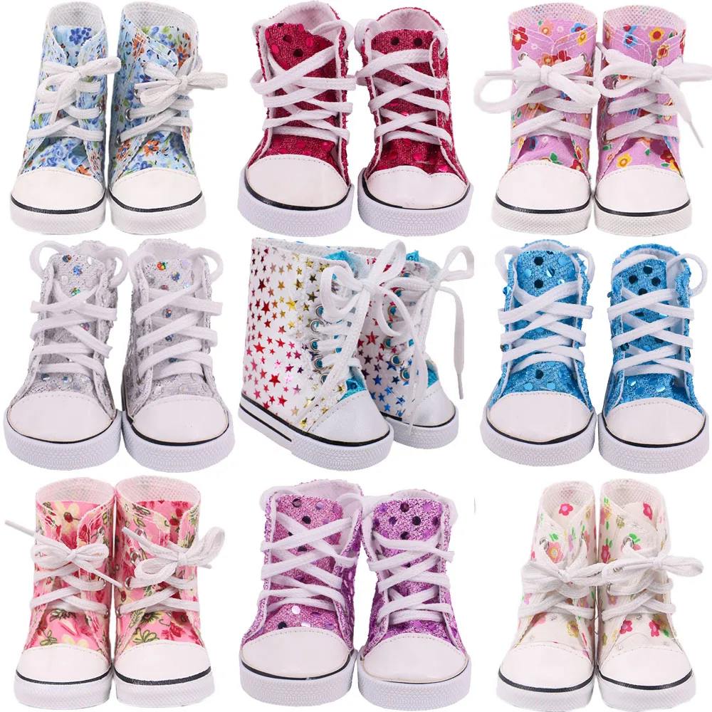 Doll Shoes Colorful Canvas High Boots 18 Inch American Doll Girl Born Baby Clothes Accessories For 43 Cm Flowers/Stars,Kids Toy