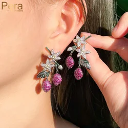 Pera Trendy Flower Design CZ Stone Long Tassel Red Lemon Fruit Dangle Earrings for Women Costume Jewelry Summer Party Gift E837