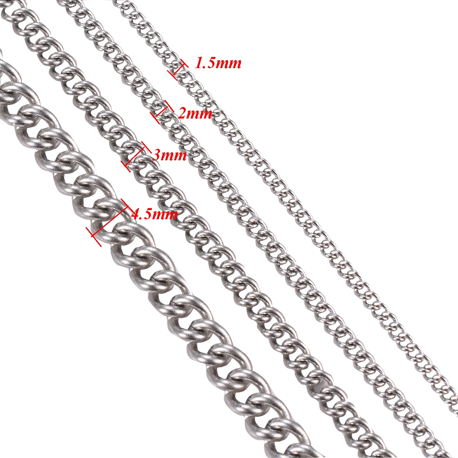 

Wholesale 1meter/lot Stainless Steel Basic Link chain necklace 1.5/2/3/4.5mm necklace chain for DIY necklace jewelry making