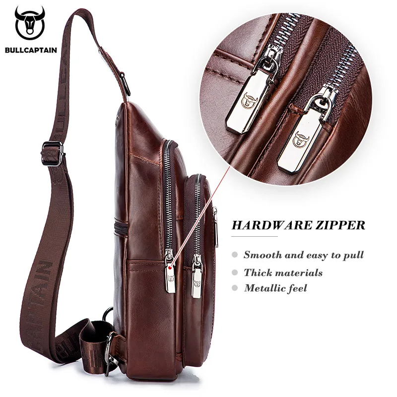 BULLCAPTAIN Couro Genuíno Saco Peito dos homens Moda Lazer Multifuncional Crossbody Bag Música Saco Peito dos homens Saco Peito