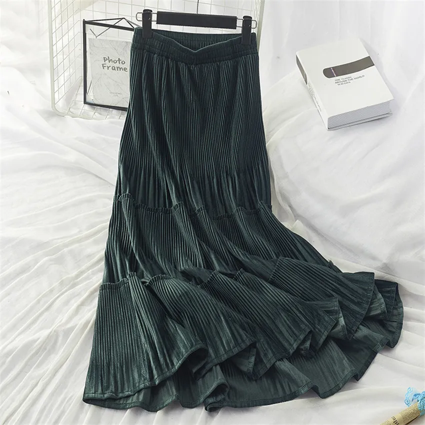 

Gowyimmes Autumn Big Size Vintage Fashion Women Midi-Long Cake Skirt Slim Lady Multi-layer Pleated Skirts Elastic Waist PD698