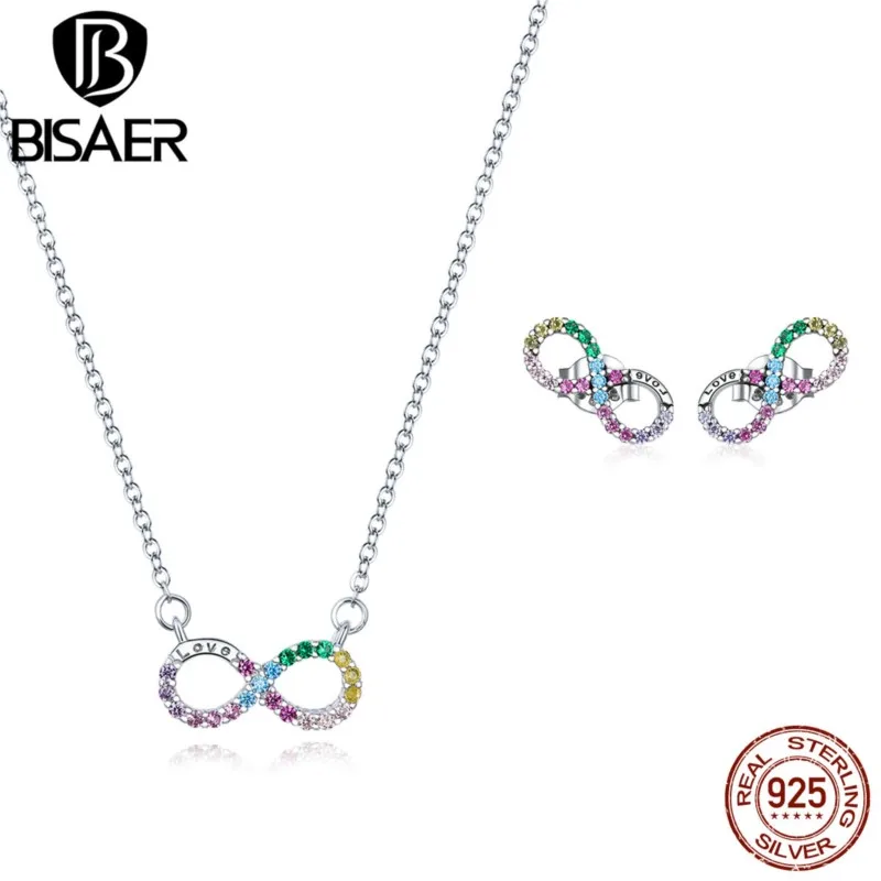 

Rainbow Infinity Love Jewelry Sets BISAER 925 Sterling Silver Necklaces & Stud Earrings Colorful Zircon For Women Luxury Jewelry