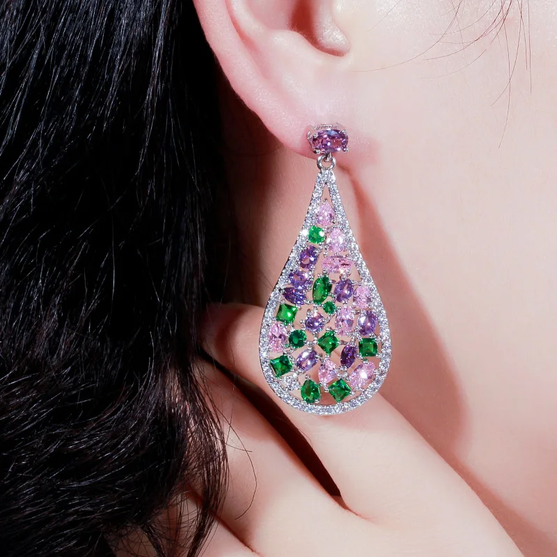 CWWZircons Multicolor Cubic Zirconia Hollow Teardrop Dangle Earrings Purple Pink Green for Women Wedding Party Jewelry E0286