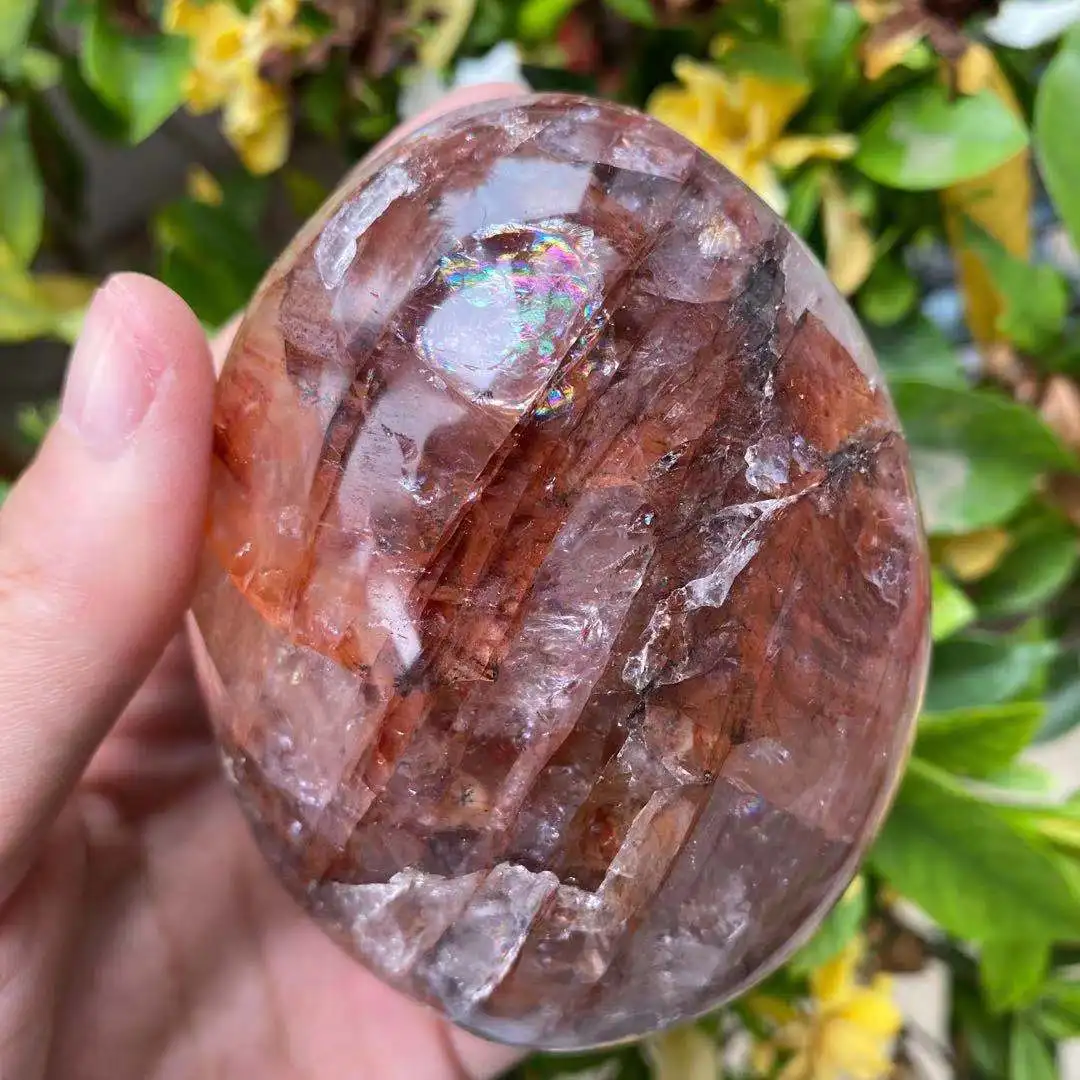 

Natural Crystal Quartz Red Glue Flower Free Form, Palm Energy Reiki Stone 80-100g