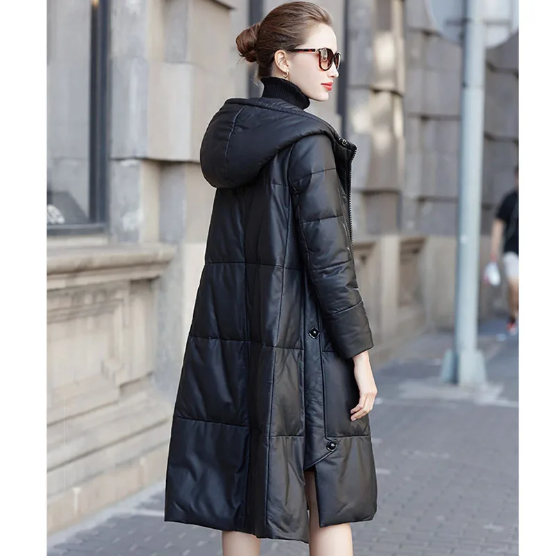 New High Quality Genuine Leather Coat Women Winter Down Jacket Sheepskin Outerwear A-Line Cloak Hooded Long Coats Tops KW28