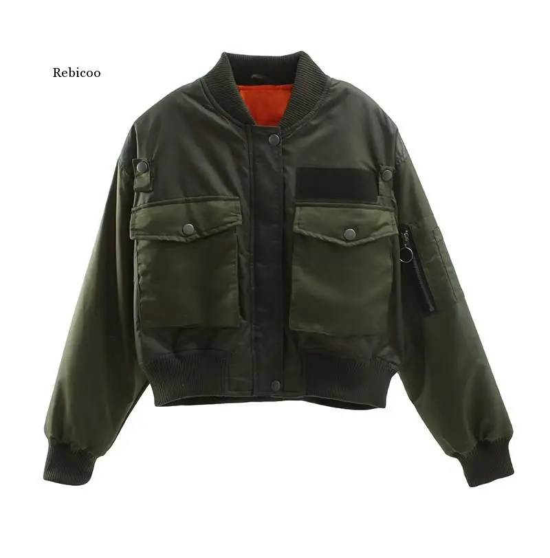 Autumn Bomber Jacket Women Army Green Warm Zipper Pockets Winter Coat Female Jacket Parkas