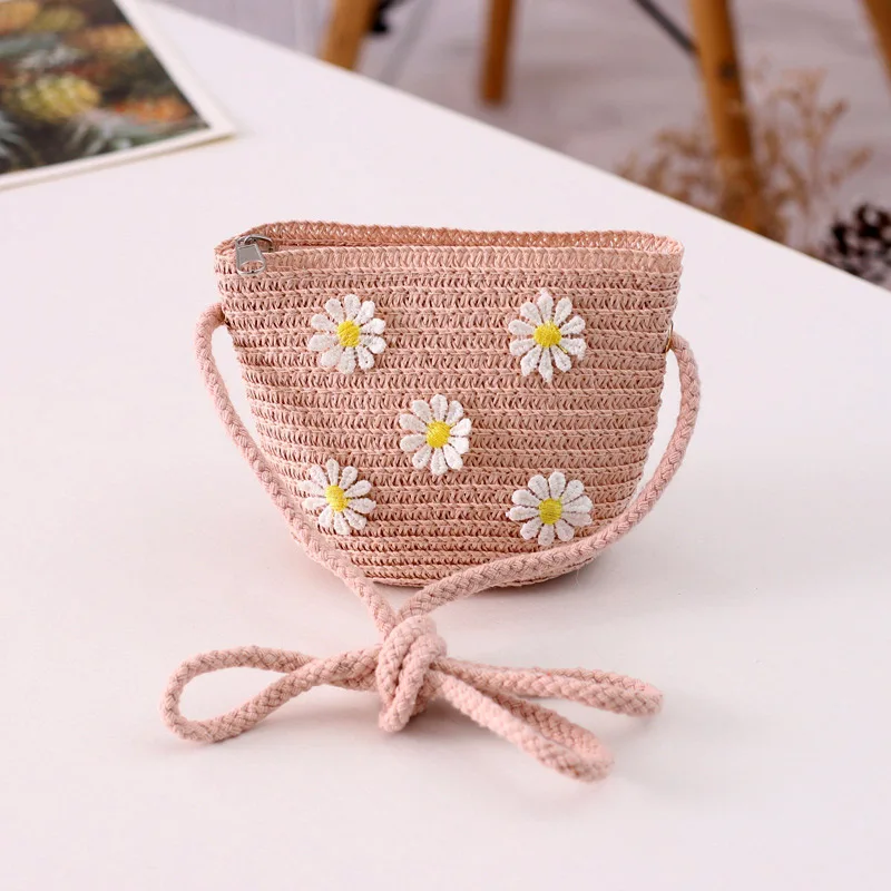 New 2024 Summer Children Girls Shoulder Bag Daisy Flower Straw Bag Messenger Bag Kids Keys Coin Purse Cute Princess Mini Handbag