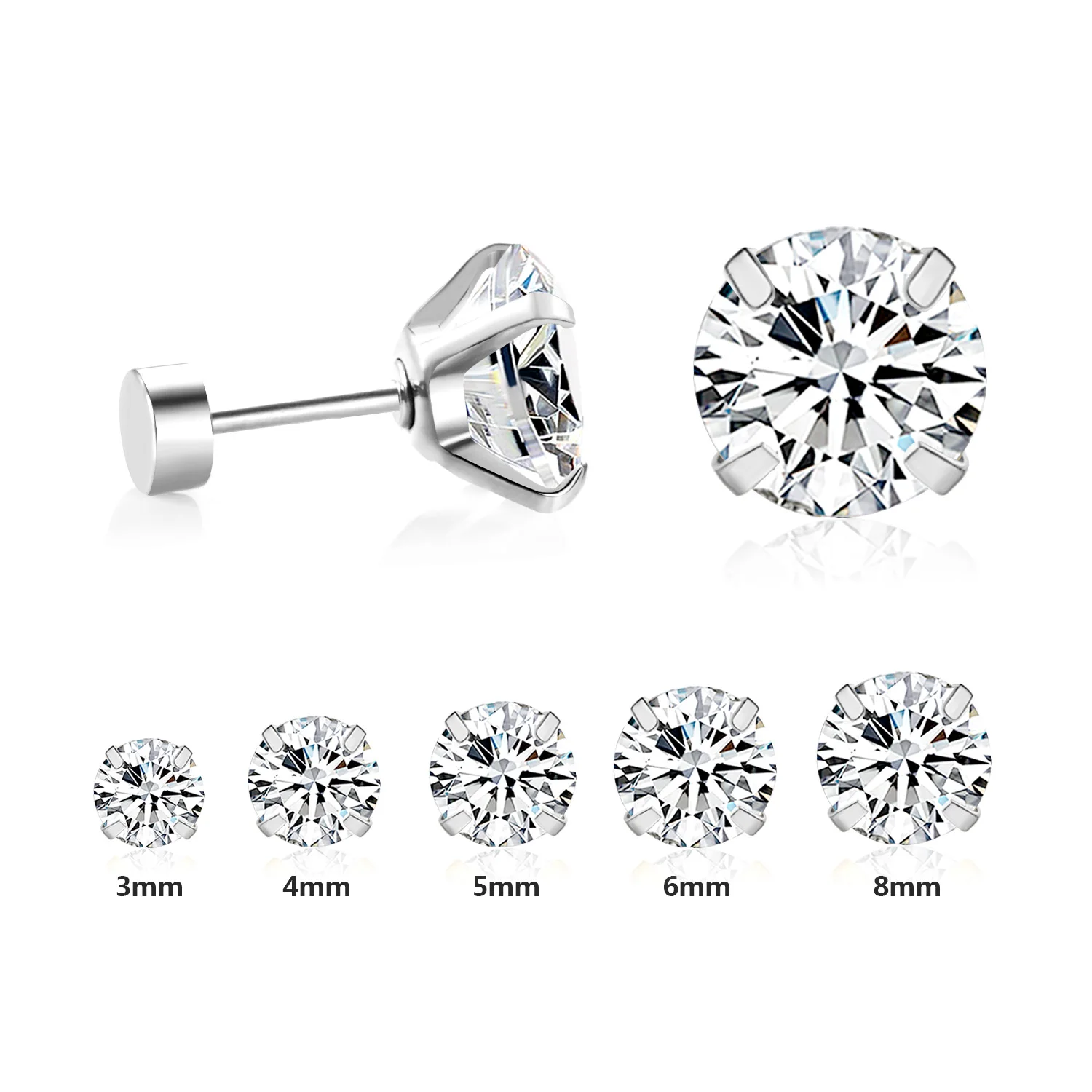 6 Paires Boucles D'Oreilles Zircon Acier Inoxydable 3mm - Colorées, Hypoallergéniques Pour Femmes Et Hommes