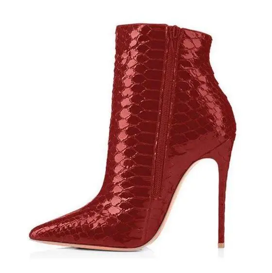 

Sexy Red Python Patent Leather Ankle Boots High Heels Pointed toe Geometric Zip Runway Short Bootie Zipper Banquet Dress Shoes