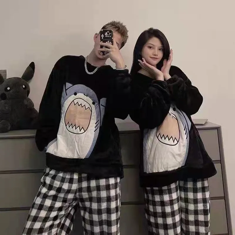 Shark Pijamas Couple Matching Pajamas Set Plaid Pants Winter Thick Flannel Sleepwear Men\'s Women Pyjama Homesuits Black Shirts