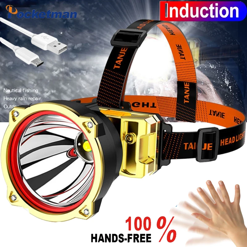 

Powerful Led Headlamp Long Range Head Lamp Built in Battery Head Torch USB Rechargeable Headlight Fishing Camping Light