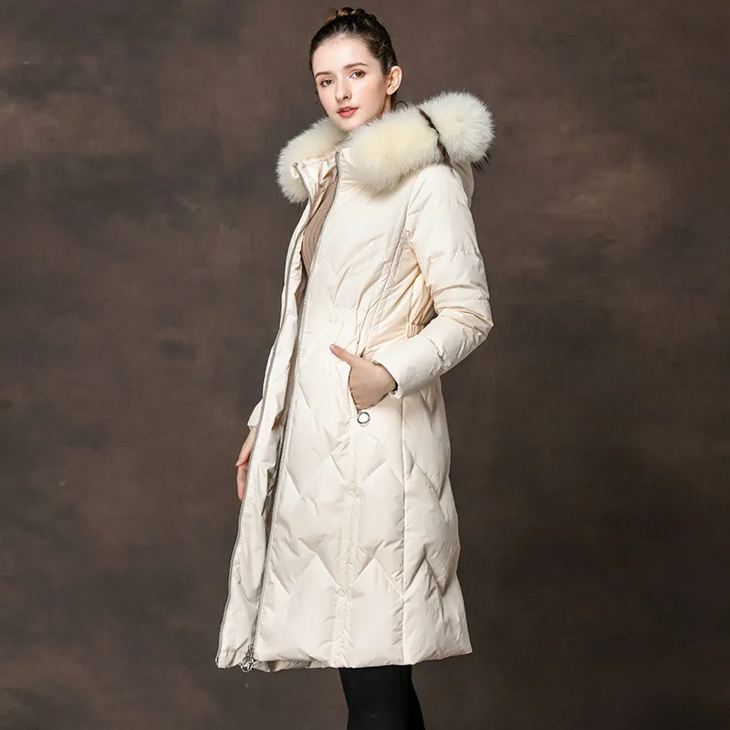 

Down Long White Duck Jacket Woman Hooded Coat Women Raccoon Fur Collar Womens Coats Winter Jackets SMXL7076
