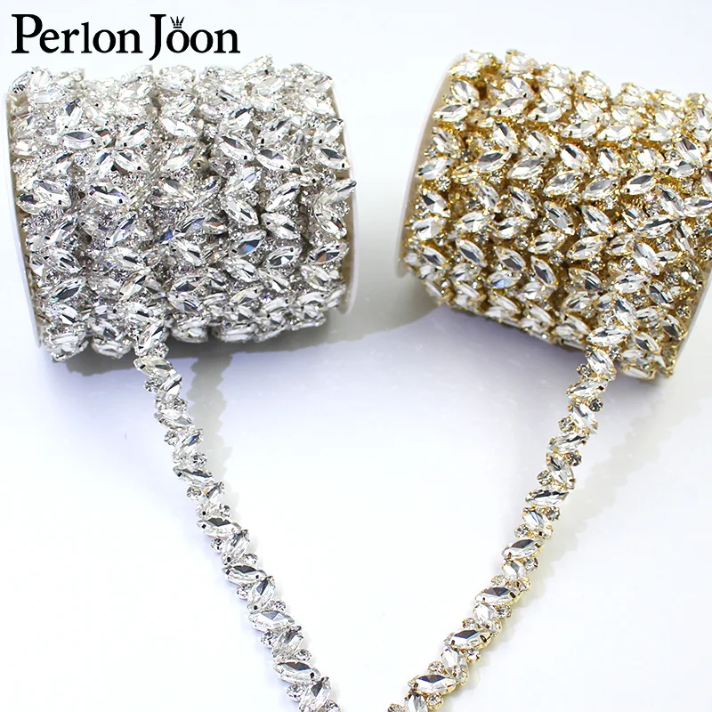 Glittering Delicate Leaf Glass Rhinestone Trim Gold Silver Plating Crystal Chain DIY Bridal Decorative Accessories ML147