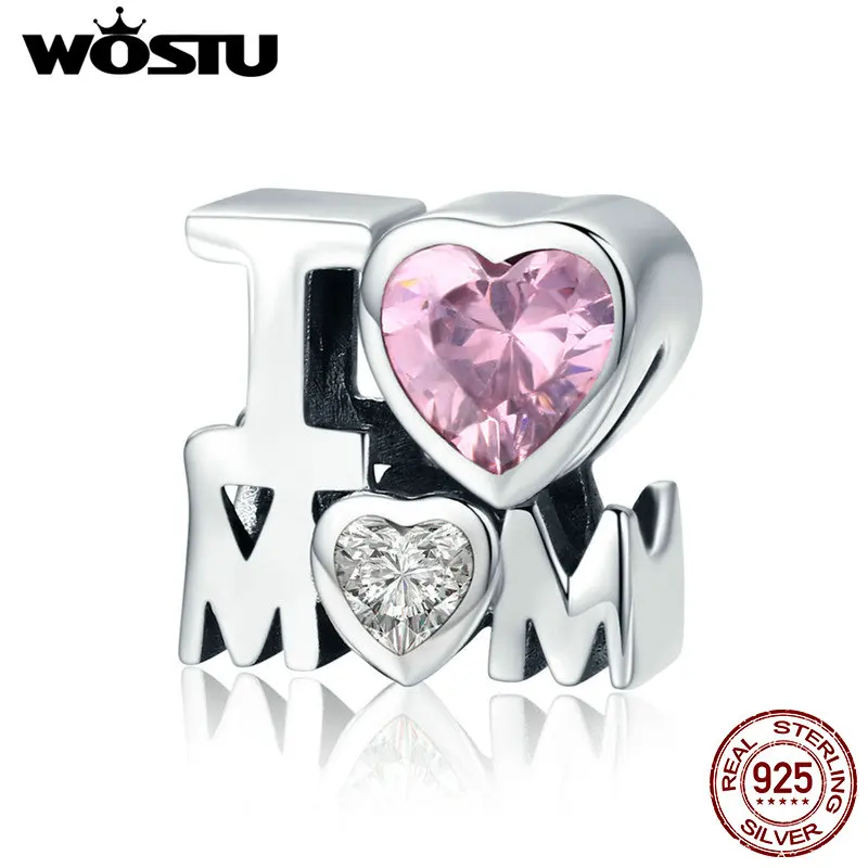 WOSTU Hot Sale 925 Sterling Silver I LOVE MOM Pink CZ Beads fit Original Charm Bracelet Necklace Jewelry Mother Day Gift CQC579