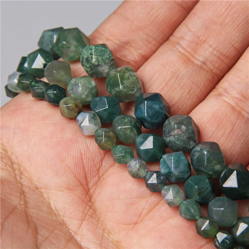 Fashion Smooth Natural Green Moss Agates Stone Faceted Spacers Loose Beads Charm DIY Men Women Bracelet Jewelry Making Wholesale