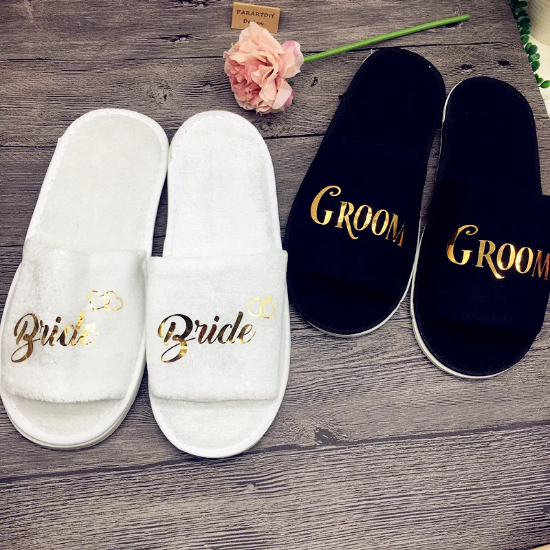 

personalize black wedding honeymoon bride groom spa slippers day groomsman bridesman hen night Bachelorette party favors gifts