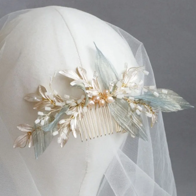 metal Leaves Pearl Mori crepe Hair combs women girls party Headwear bride headpiece