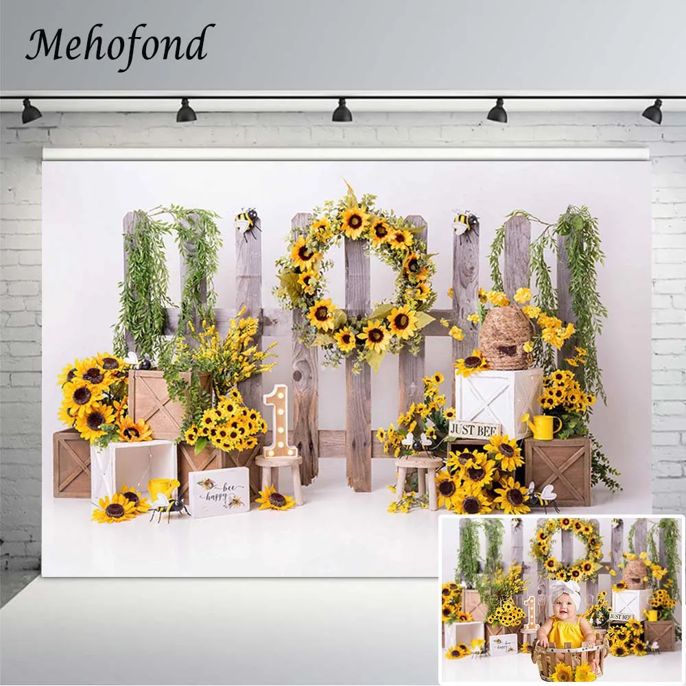 

Mehofond 1st Birthday Photography Background Sunflowers Wooden Fence Baby Shower Birthday Portrait Decor Backdrop Photo Studio