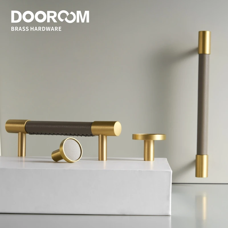 

Dooroom Brass Real Leather Furniture Handles Light Luxury Grey Wardrobe Dresser Cupboard Cabinet Drawer Pulls Easy Maintenance