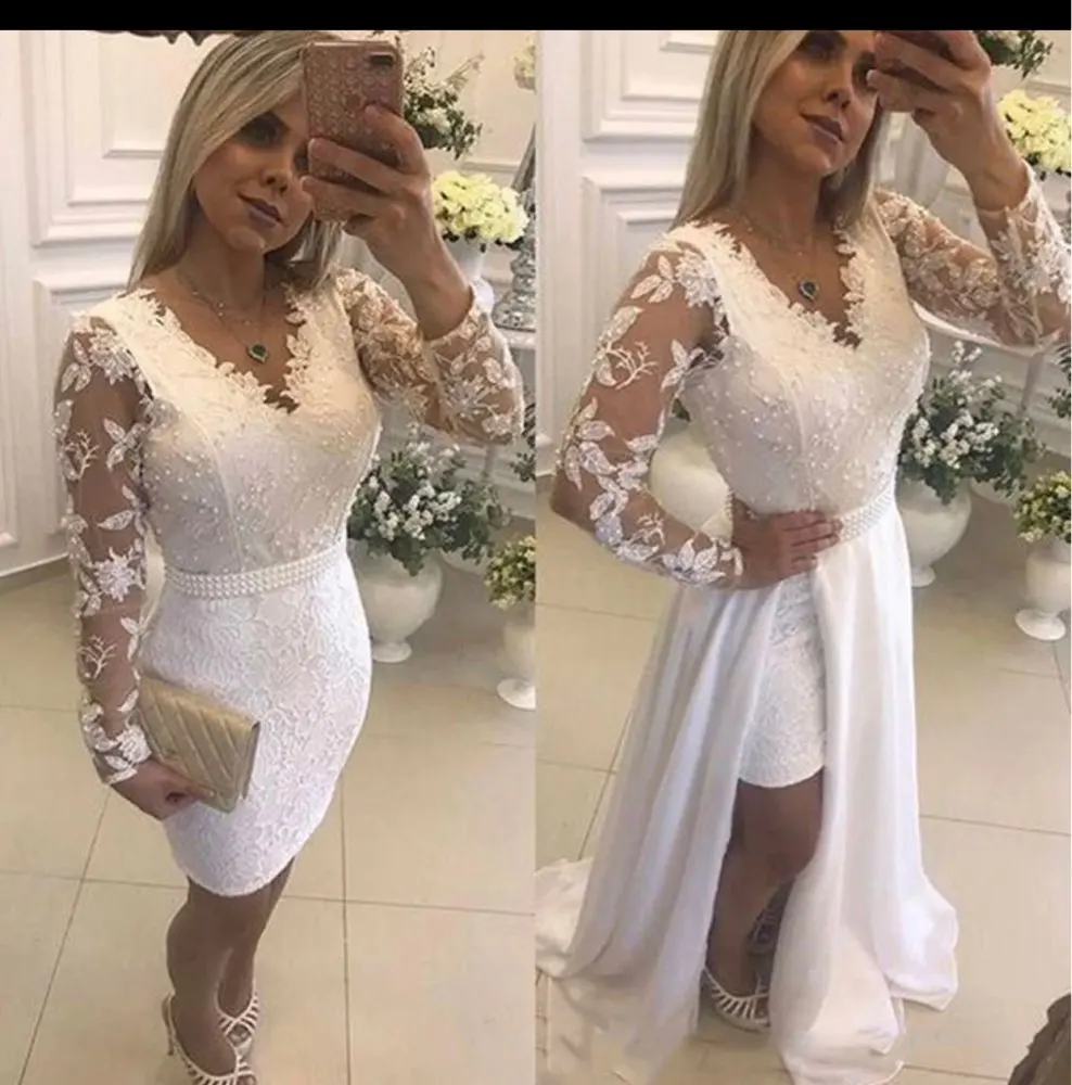 

ANGELSBRIDEP A-Line Lace Wedding Dress With Sash Vintage Appliques Pearls V-Neck Detachable Court Train Skirt Bride Dresses