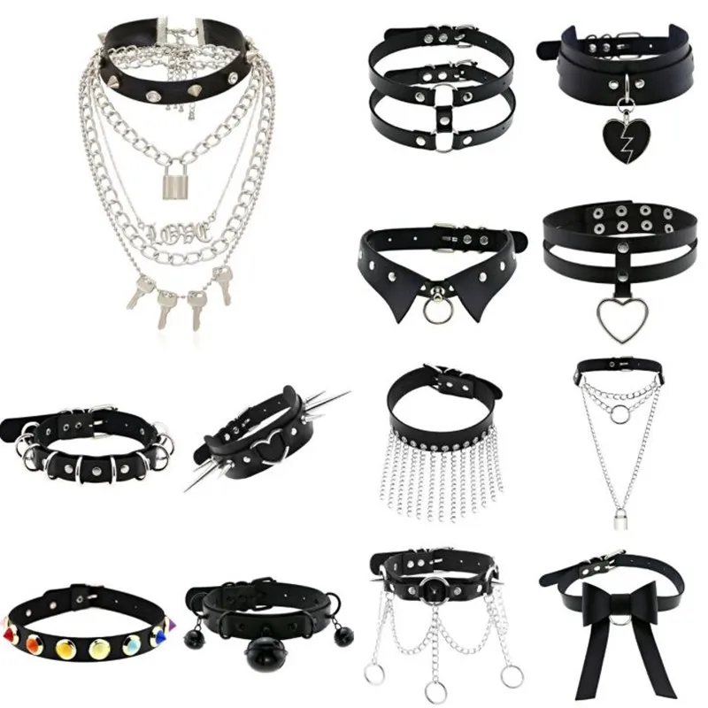 New Harajuku Black Goth Punk Leather Choker Necklaces Women Men Rock Metal Emo Festival Cosplay Party Jewelry Gothic Accessories