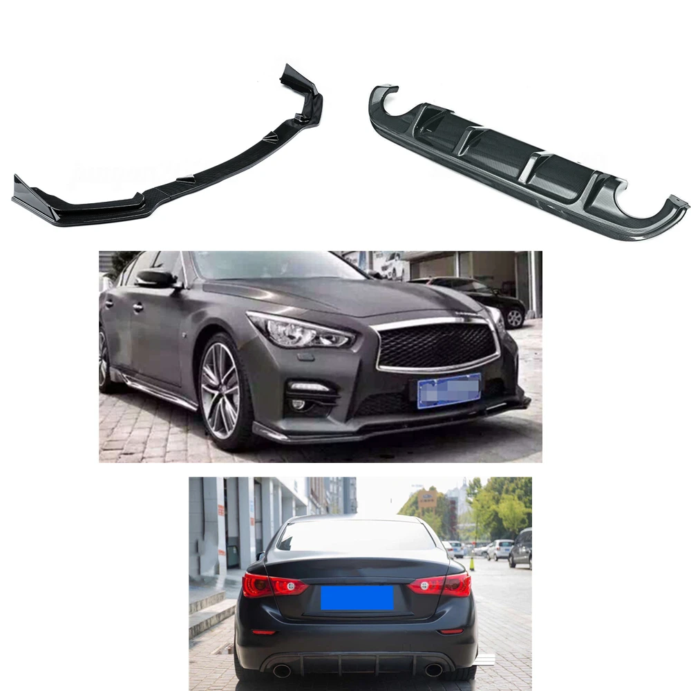 

For Infiniti Q50 2014-2017 Sport Model Carbon Fiber Look/Gloss Black Car Front Bumper Spoiler Splitter+Rear Diffuser Lip Bracket