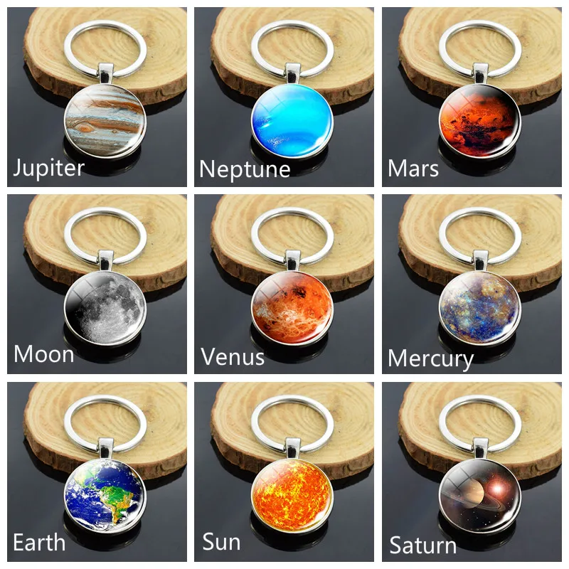 Solar System Keychain Earth Jupiter Neptune Mars Moon Venus Mercury Sun Earth Saturn Double Side Glass Cabochon Keyring