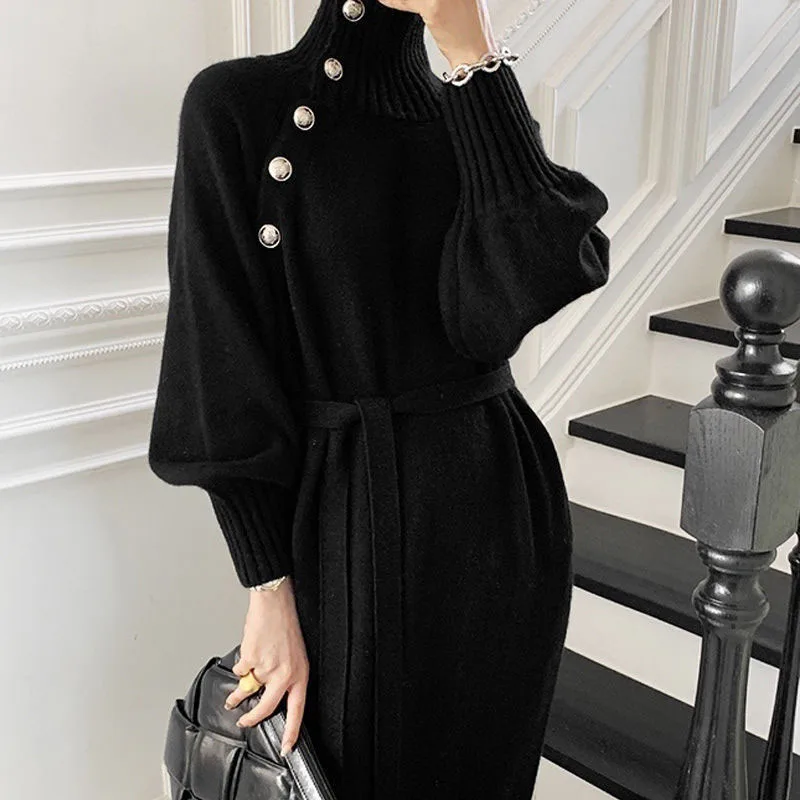 Women\'s Knitted Dress Autumn Winter Turtleneck Buttons Full Sleeve Korean Dresses Warm Vestidos Female Clothes for New Year 2024