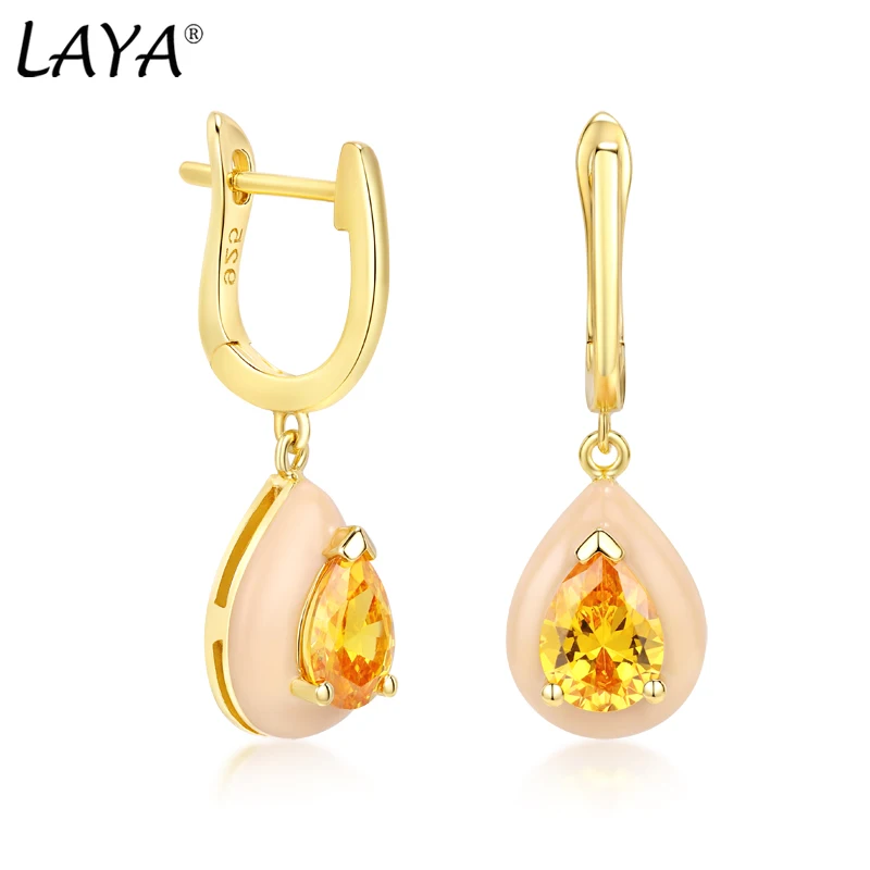 

Laya Silver Earrings For Women Pure 925 Sterling Silver Synthetic Yellow Crystal Nude Enamel Fashion Jewelry Handmade Enamel