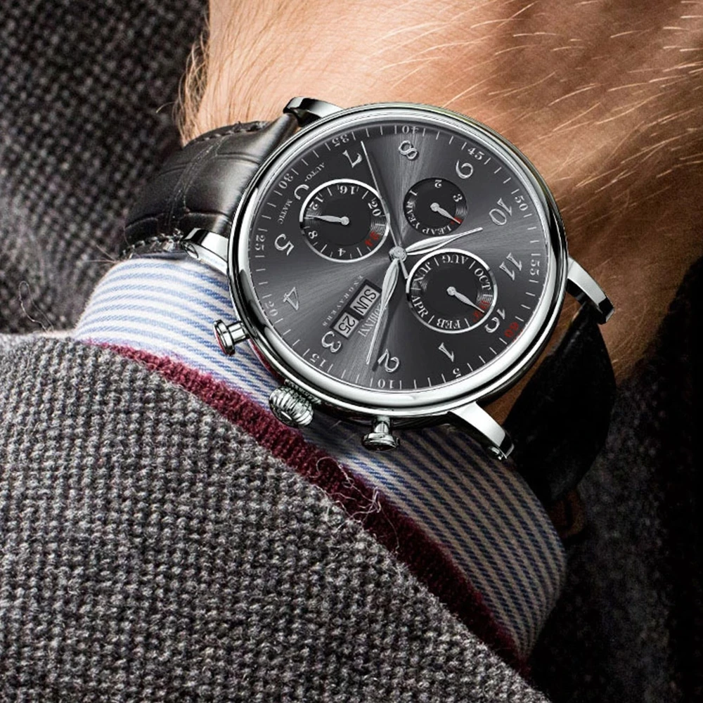 LOBINNI Mesh Steel Band Mens Automatic Mechanical Watch Sapphire Glass Waterproof Watches  Date Week Multi Function Wristwatch