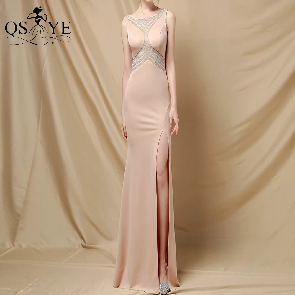 

Champagne Evening Dress Mermaid Stretch Prom Gown Sexy Split Bead Waist Party Dress Sleeveless Square Neck Women Formal Gown