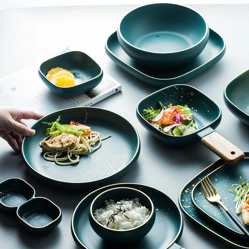 Tableware Set High Fashion Retro Green Nordic Ceramic Dinnerware Set Bowl Plate Soup Bowl Tray Set Flatware Dinner Kitchen