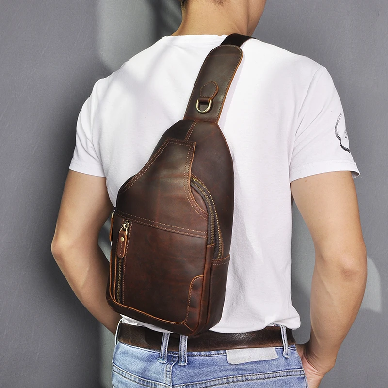 Men Crazy Horse Leather Casual Fashion Triangle Chest Sling Bag Design Daypack One Shoulder Crossbody Bag Male 6601-d