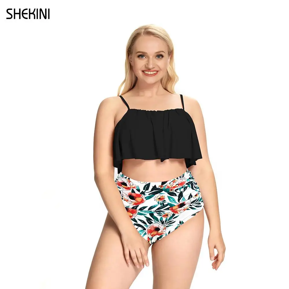 SHEKINI Women Plus Size High Waist Ruched Bikini Ruffle Flounce Two Piece Swimsuits Quick Dry Swimwear Cute Beach Bathing Suits