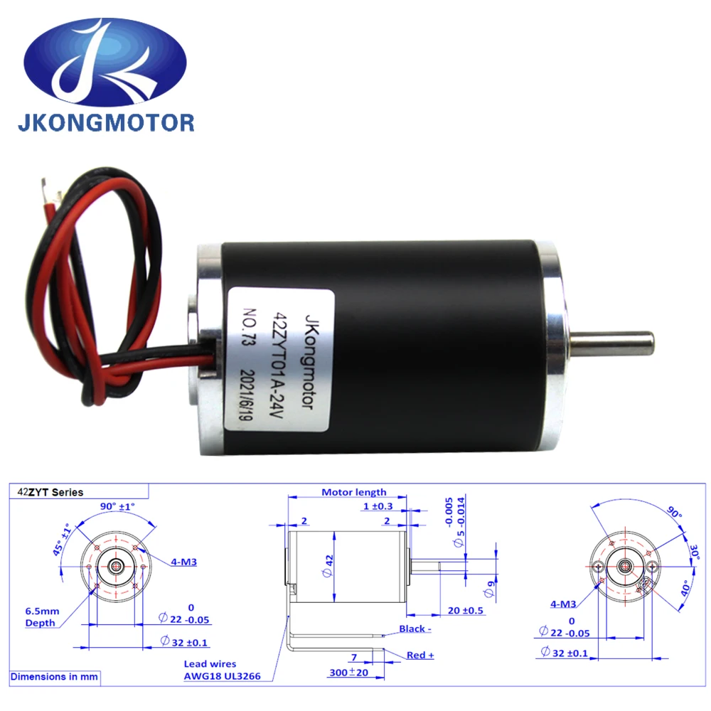 Jkongmotor 42ZYT01A 42ZYT01 14W Brush DC motor 42mm DC motor 24V 3500rpm Rated Torque 38mN.m Brushed DC Motor