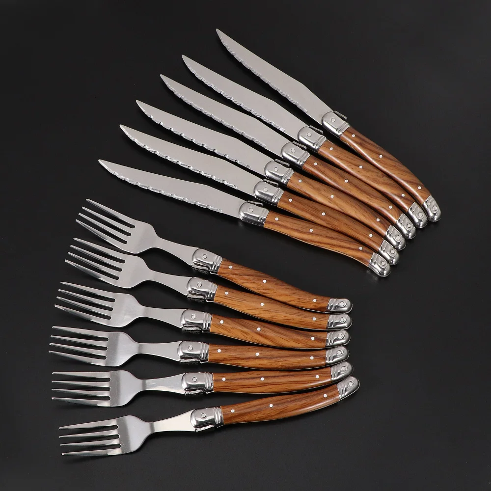 Jaswehome 6Piece Wood Grain Handle Steak Knife Fork Collection Western Food Knife and Fork Set Stainless Steel Cutlery Utensils