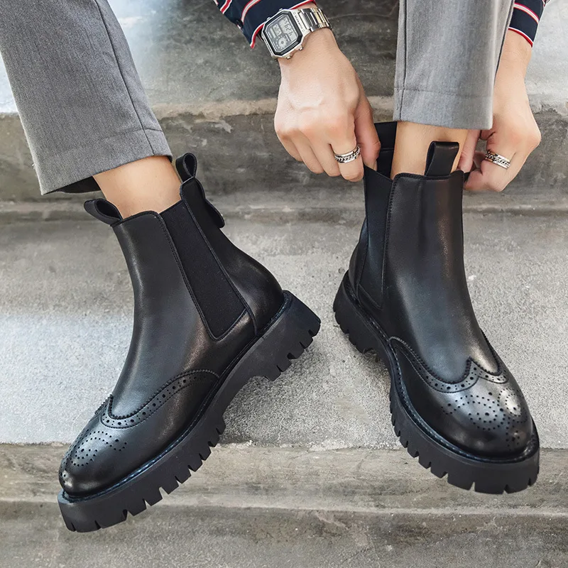 men fashion party nightclub dress chelsea boots original leather brogue shoes cowboy bullock boot trend platform ankle botas man