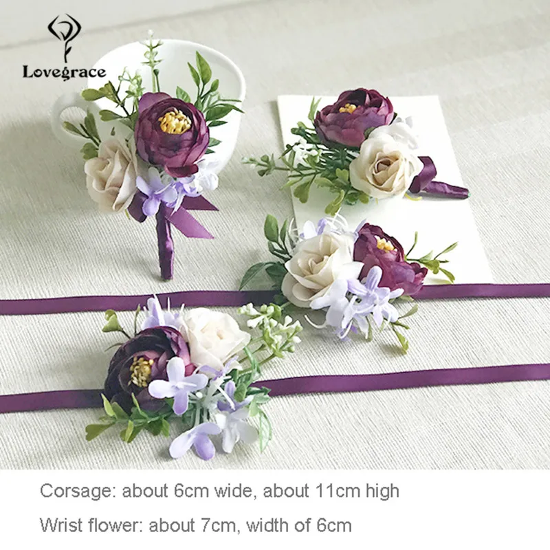 Purple Rose Wedding Silk Flower Groom Boutonniere Fake Flower Wrist Corsage Bracelet Boutonniere Wedding Corsage Brooch Flowers