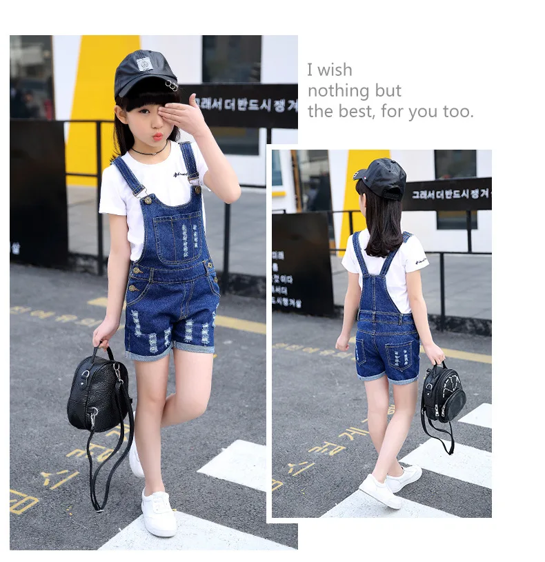 Girls Overalls 2024 New Summer Short Bib Short Jeans For Girl Children Fashion Hole Pants 3-9 Years Kids Clothes