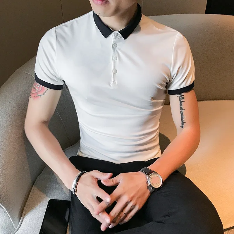 Korean Style Summer New Mens Fashion Slim Fit Mixed Colors Vintage Turn-Down Collar Pullover Short Sleeve Casual T-Shirts Tees