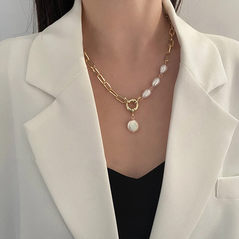 KISSWIFE Vintage Gold Color Chain Baroque Pearl Pendant Necklace For Women Irregular Imitation Pearls Necklace Fashion Jewelry