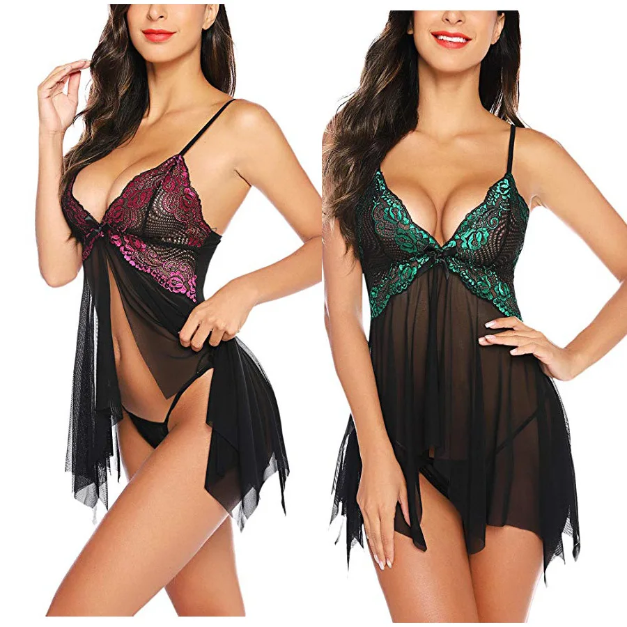 Women Sexy Lingerie Underwear Erotic Dress See-through Lace Pajamas Sleepwear Nightdress + Thong Sexy Costumes Sex Dress