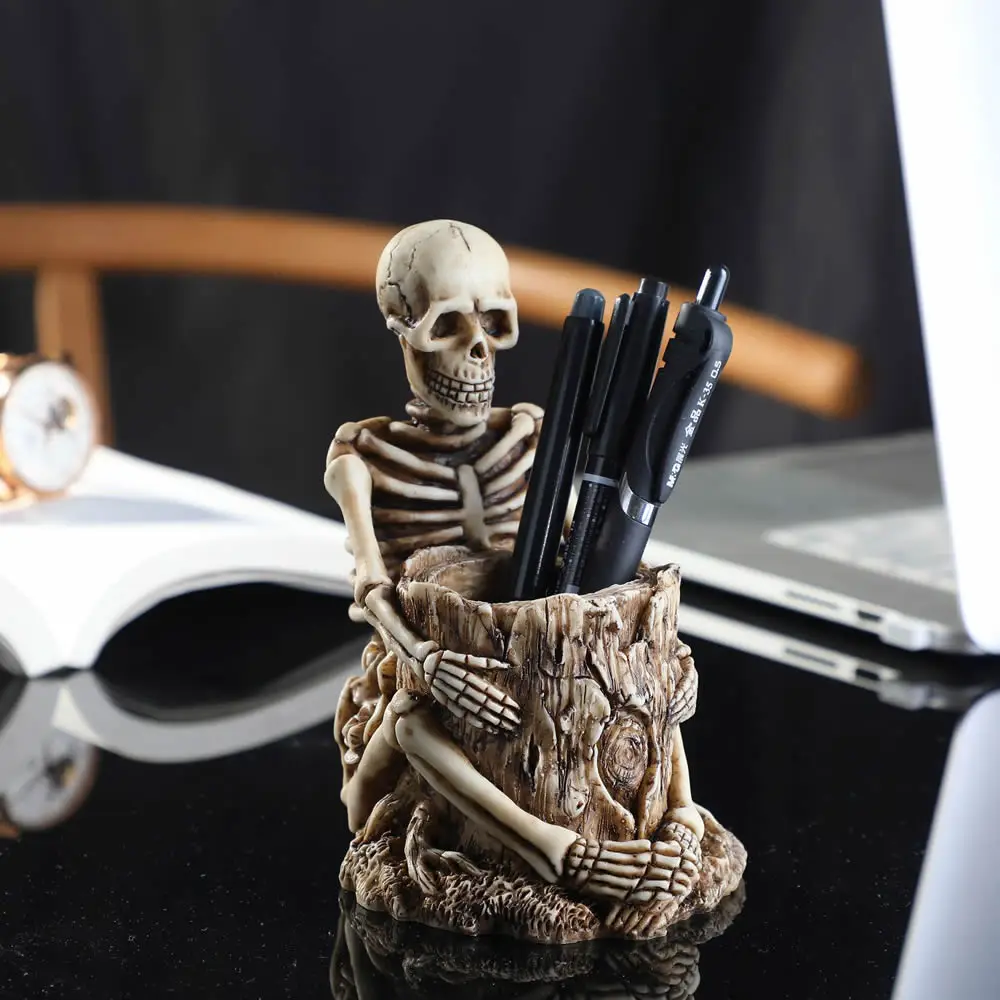 Skull Statue Pen Holder Desk Wall Mounted Resin Storage Box Home Office Desk Decor Gift Halloween Party Decoration Dropshipping