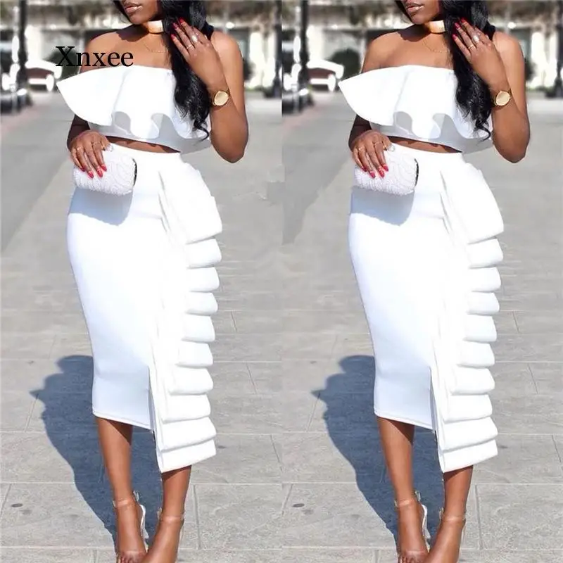 

Ruffled Breast Wrap Midi Pencil Skirt Two-Piece Suit Asymmetry Sexy Crop Tops Set Fashion Temperament Slim Outfits Party Clothes