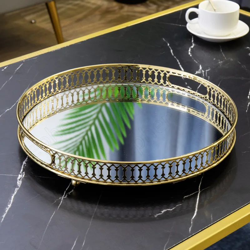 Gold Border Glass Mirror Trays Decorative Nordic Modern Hollow Aromatherapy Jewelry Cosmetic Storage Tray Home Decoration Modern