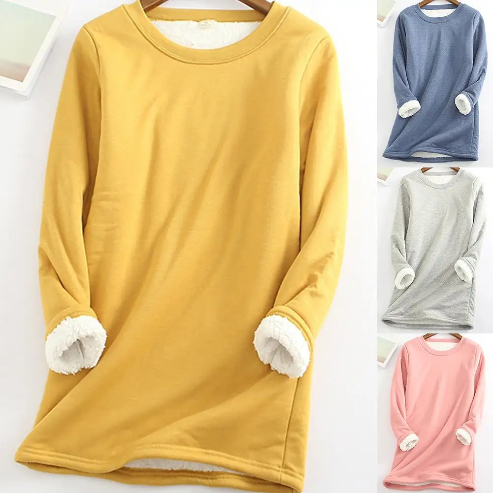 Fashion women's autumn and winter long-sleeved O-neck fleece thickened lining warm O-neck tops cold-proof warm bottoming shirts